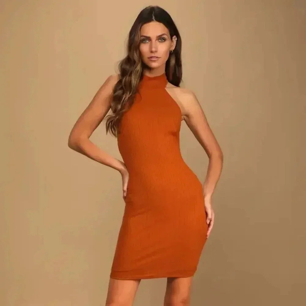 Sleeveless High-Neck Bodycon Dress in Rust